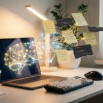 Laptop de desenvolvedor com rede neural emergindo da tela conectando notas e código — Auto-memory do Claude Code