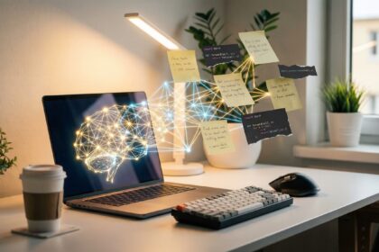 Laptop de desenvolvedor com rede neural emergindo da tela conectando notas e código — Auto-memory do Claude Code