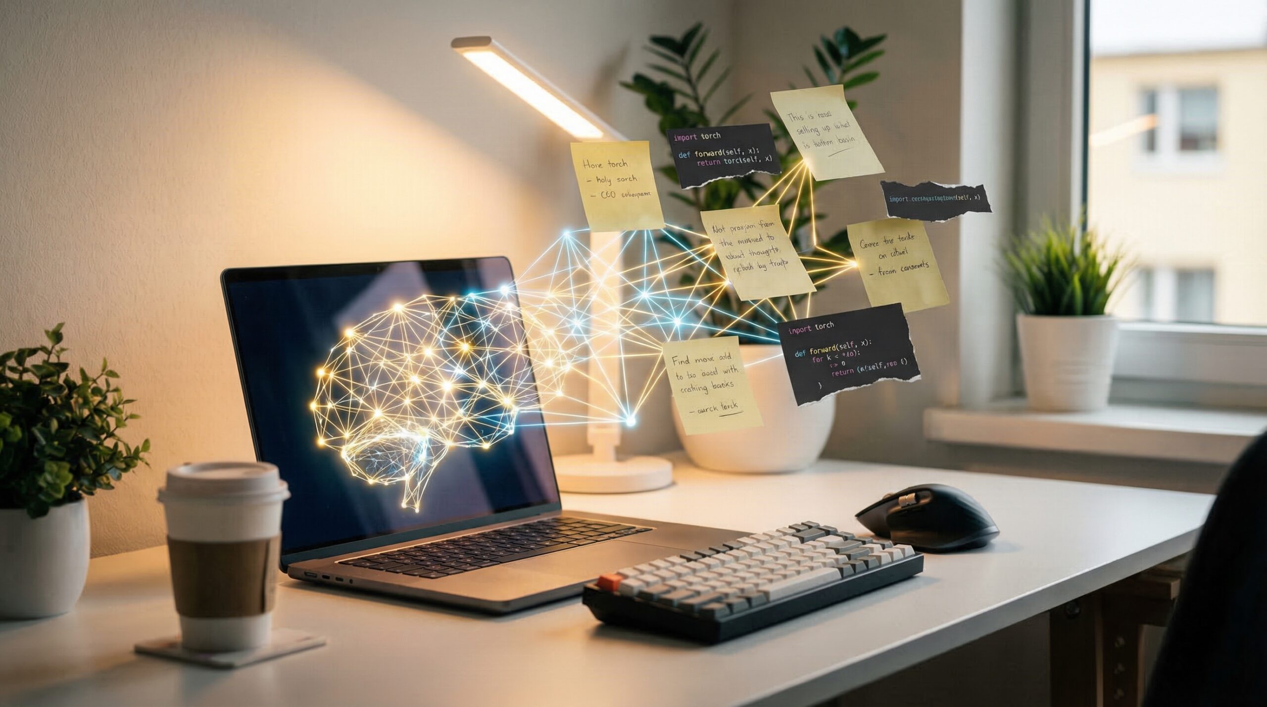 Laptop de desenvolvedor com rede neural emergindo da tela conectando notas e código — Auto-memory do Claude Code