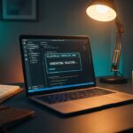 Laptop com editor de código IA em ambiente de escritório moderno, representando vibe coding para resolver problemas empresariais