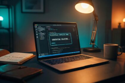 Laptop com editor de código IA em ambiente de escritório moderno, representando vibe coding para resolver problemas empresariais