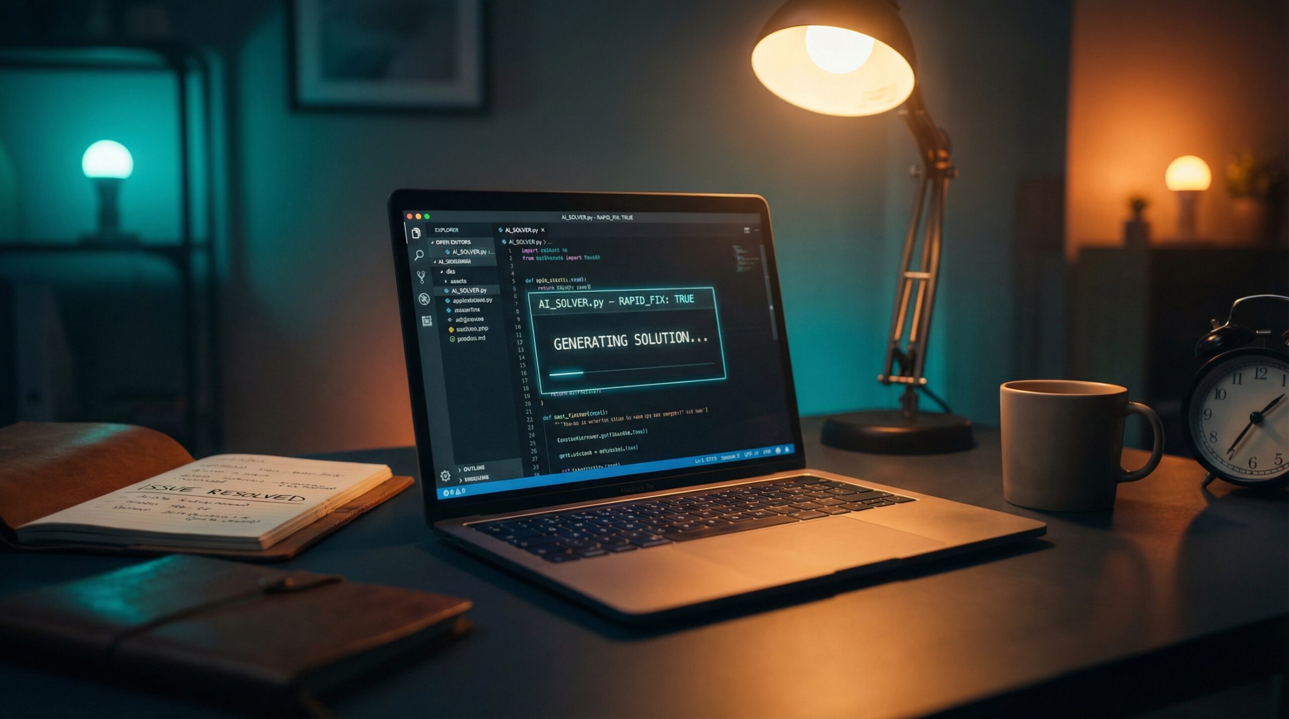 Laptop com editor de código IA em ambiente de escritório moderno, representando vibe coding para resolver problemas empresariais