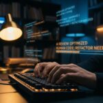 Mãos digitando em teclado com interface holográfica de revisão de código por IA