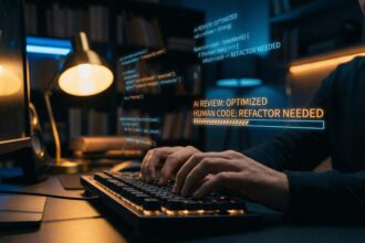 Mãos digitando em teclado com interface holográfica de revisão de código por IA