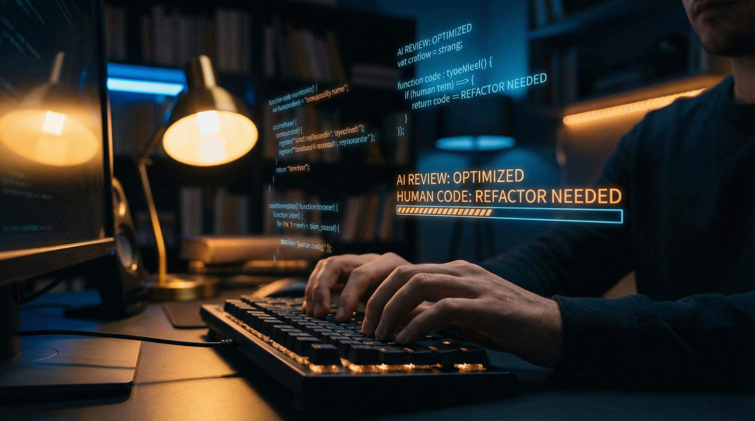 Mãos digitando em teclado com interface holográfica de revisão de código por IA