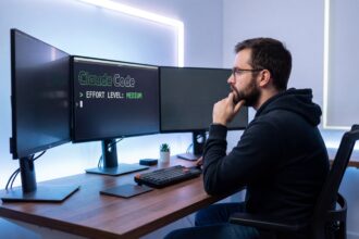 Desenvolvedor usando Claude Code com effort level configurado no terminal — controle de custos de IA