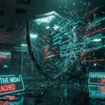 Escudo digital quebrado com fragmentos de código, representando o fim do fosso competitivo baseado em features