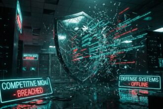 Escudo digital quebrado com fragmentos de código, representando o fim do fosso competitivo baseado em features