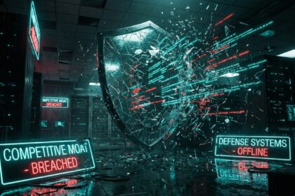 Escudo digital quebrado com fragmentos de código, representando o fim do fosso competitivo baseado em features