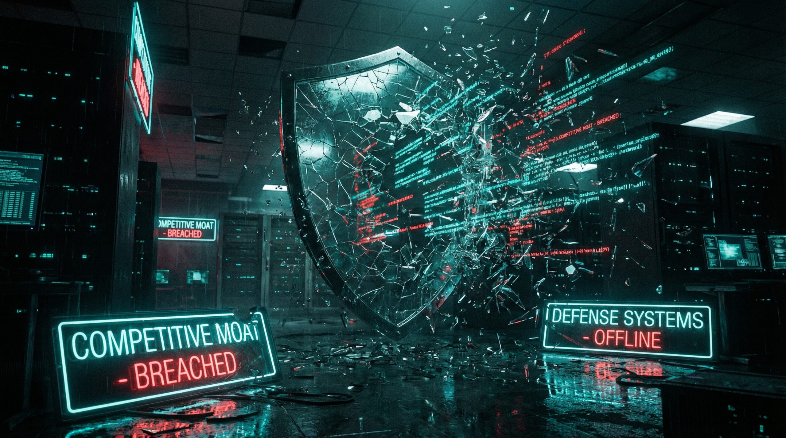 Escudo digital quebrado com fragmentos de código, representando o fim do fosso competitivo baseado em features