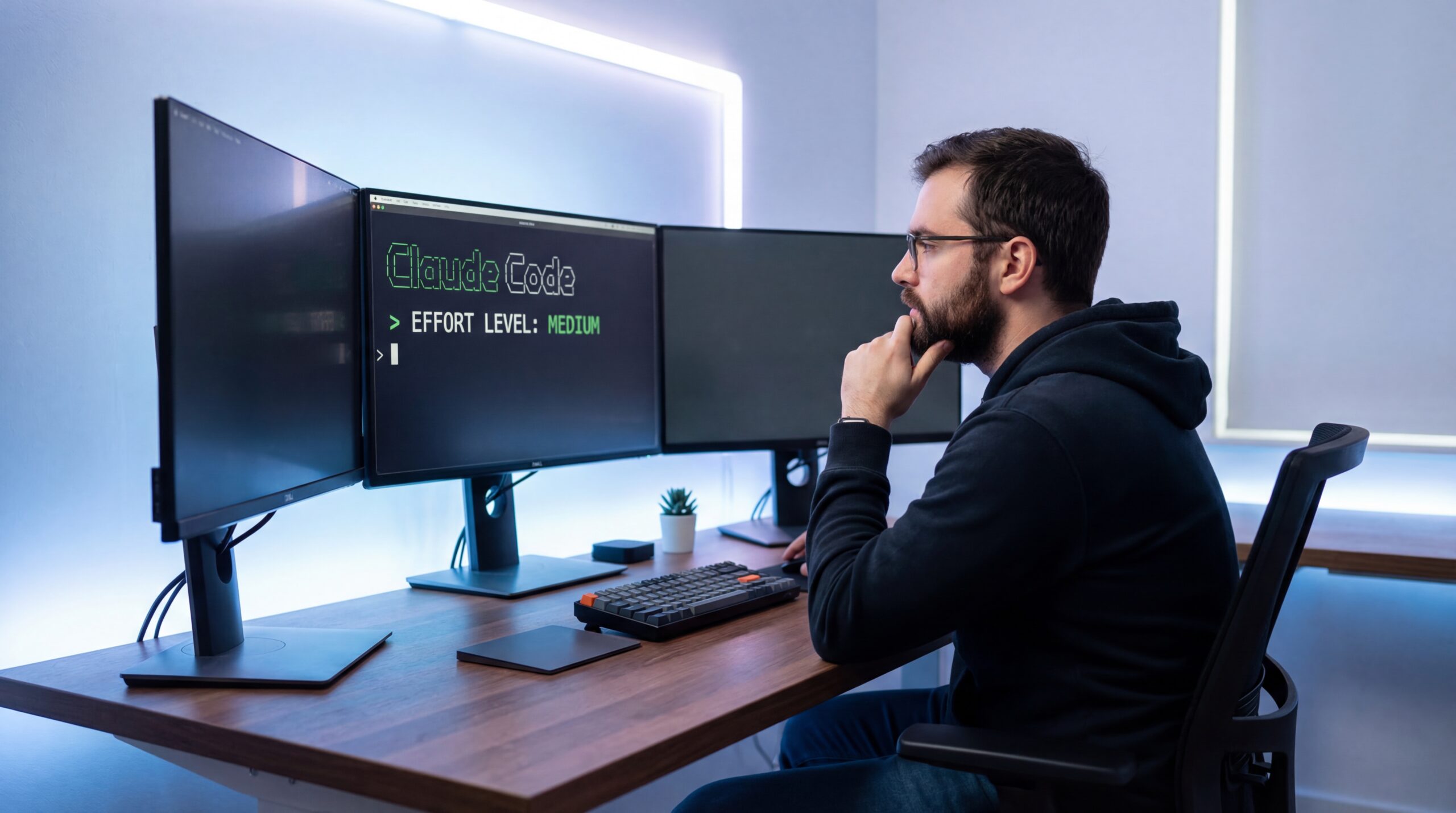 Desenvolvedor usando Claude Code com effort level configurado no terminal — controle de custos de IA