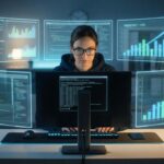 Desenvolvedor trabalhando com múltiplas telas mostrando métricas de produtividade com IA, gráficos em crescimento e interfaces holográficas