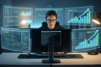 Desenvolvedor trabalhando com múltiplas telas mostrando métricas de produtividade com IA, gráficos em crescimento e interfaces holográficas