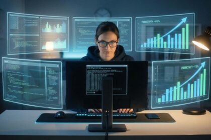 Desenvolvedor trabalhando com múltiplas telas mostrando métricas de produtividade com IA, gráficos em crescimento e interfaces holográficas