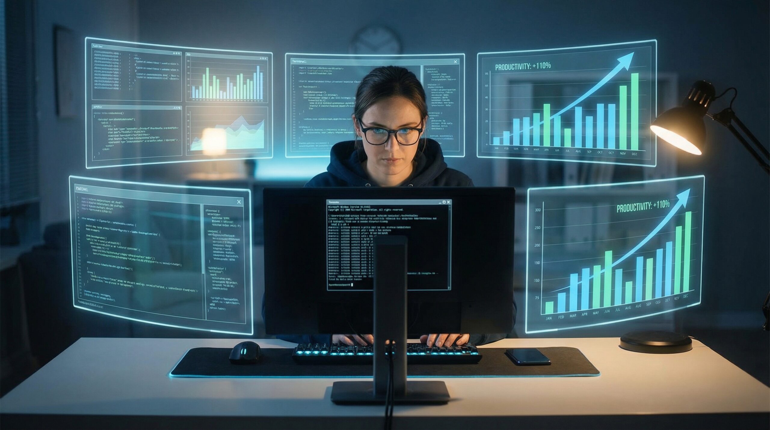Desenvolvedor trabalhando com múltiplas telas mostrando métricas de produtividade com IA, gráficos em crescimento e interfaces holográficas