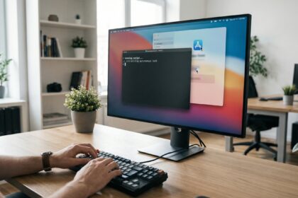 Desenvolvedor no terminal com apps nativos sendo controlados automaticamente pelo Claude Code Computer Use