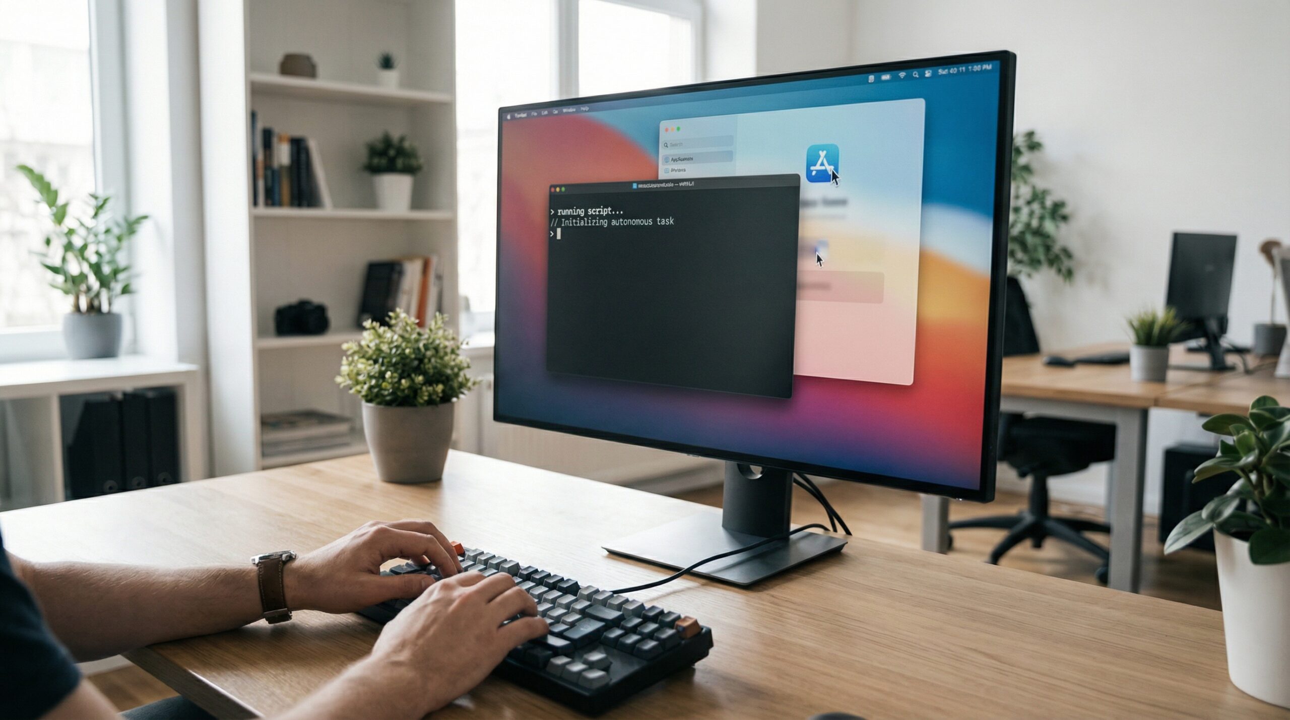 Desenvolvedor no terminal com apps nativos sendo controlados automaticamente pelo Claude Code Computer Use