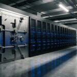 Porta de cofre em data center moderno representando segurança sandbox do Claude Code