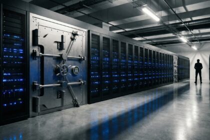 Porta de cofre em data center moderno representando segurança sandbox do Claude Code