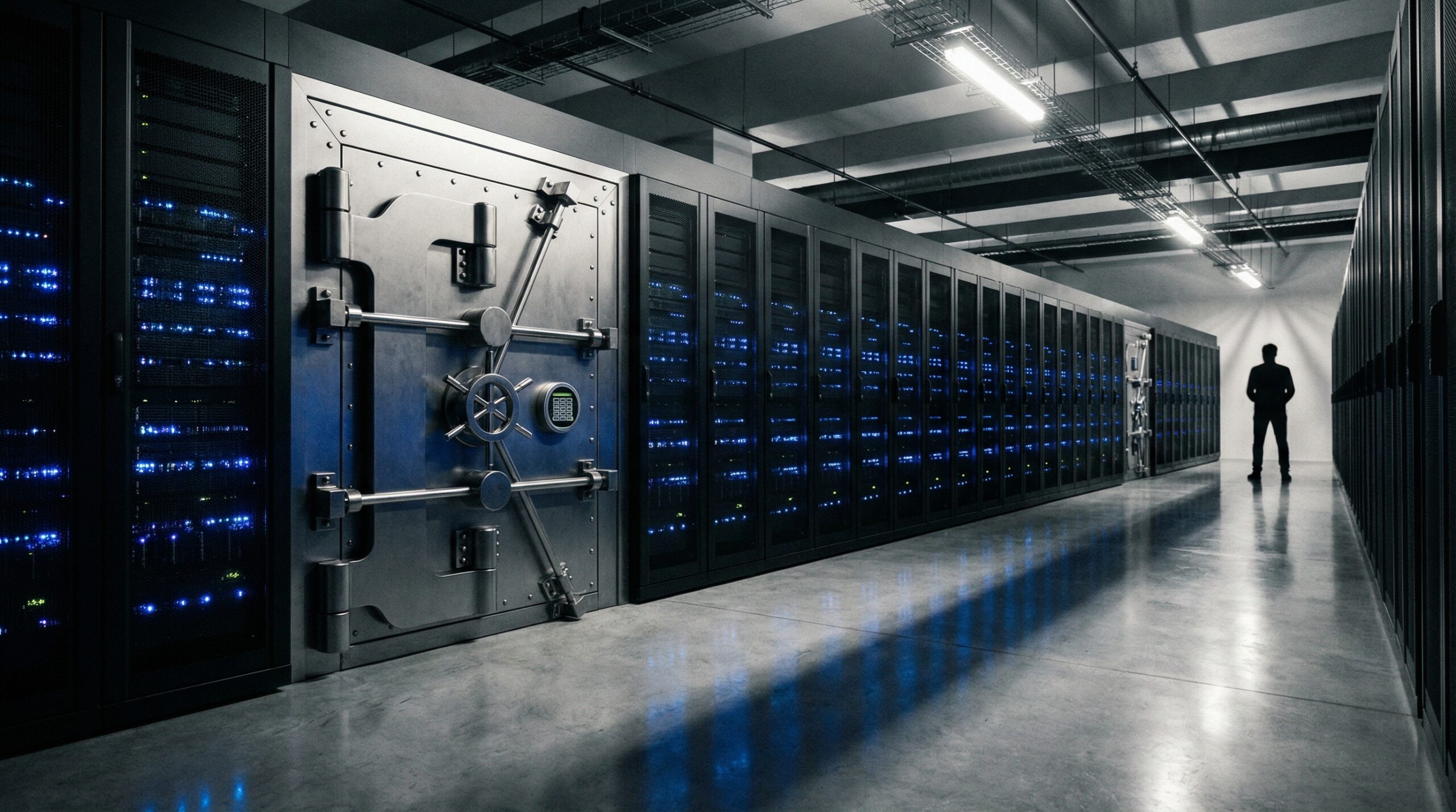 Porta de cofre em data center moderno representando segurança sandbox do Claude Code