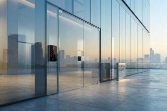 Porta de escritório moderno com teclado digital de segurança vermelho representando forceRemoteSettingsRefresh do Claude Code