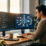 Software developer construindo agentes IA com Claude Agent SDK em ambiente profissional