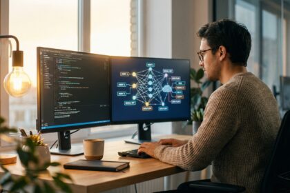 Software developer construindo agentes IA com Claude Agent SDK em ambiente profissional