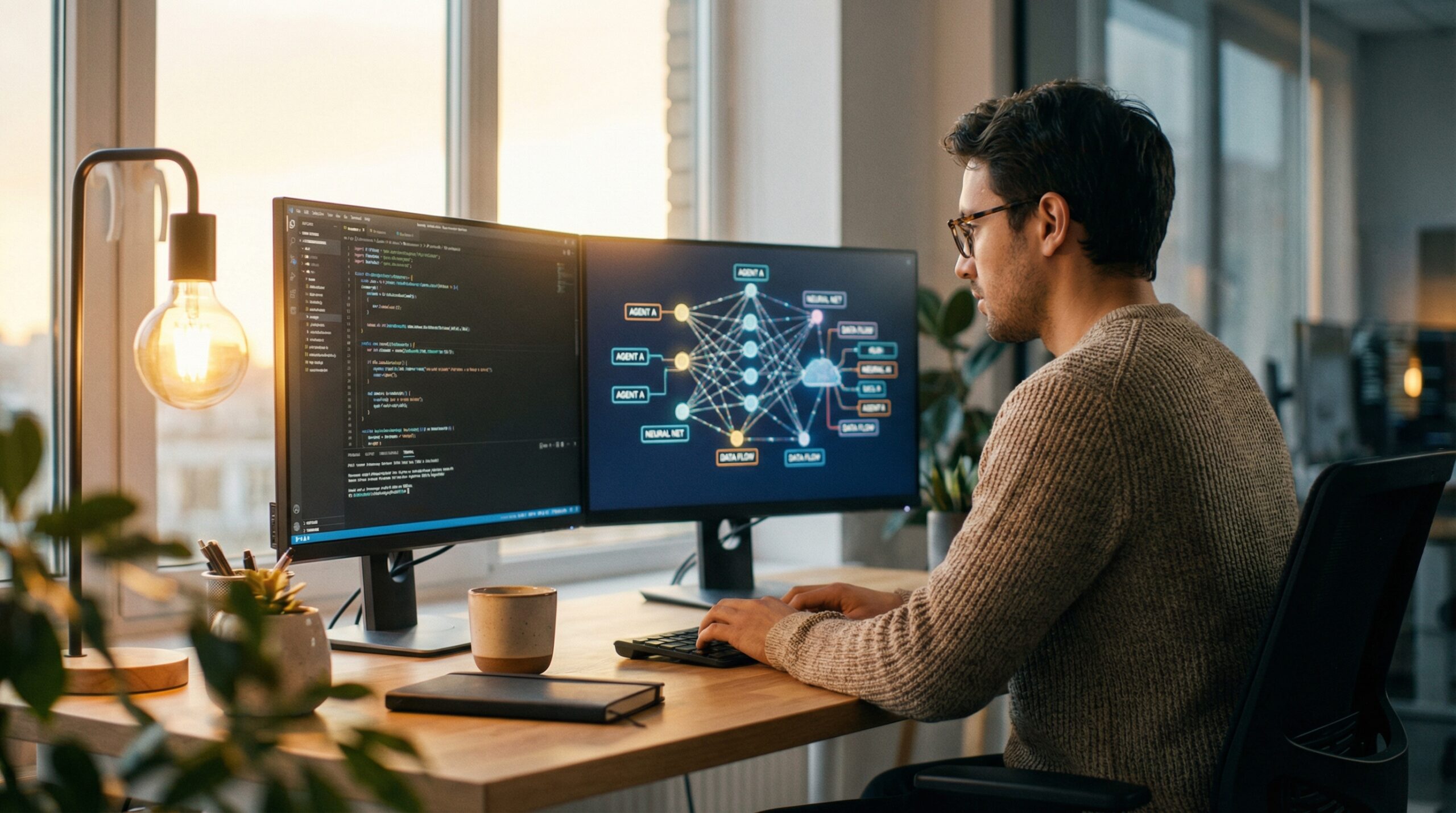 Software developer construindo agentes IA com Claude Agent SDK em ambiente profissional