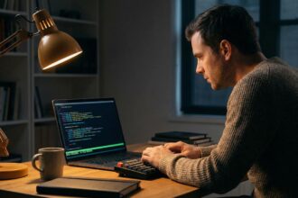 Developer usando Claude Code NO_FLICKER mode com Focus View no terminal profissional