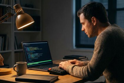 Developer usando Claude Code NO_FLICKER mode com Focus View no terminal profissional